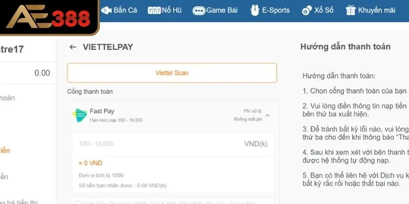 Nạp tiền AE388 qua Paywin