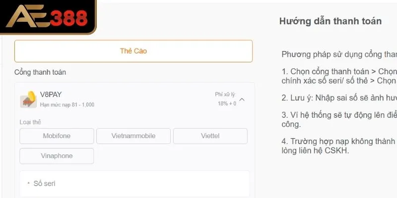 Rút tiền AE388 bằng thẻ cào